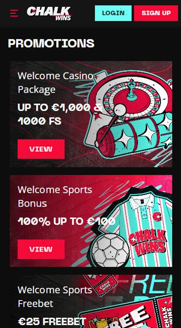 A list of the available sign-up and reload bonuses available at Chalk Wins, covering its online casino and sportsbook.