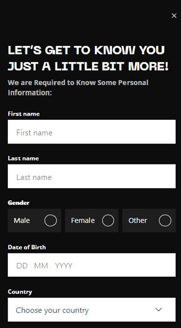 The Chalk Wins registration form with fields for name, gender, date of birth and country