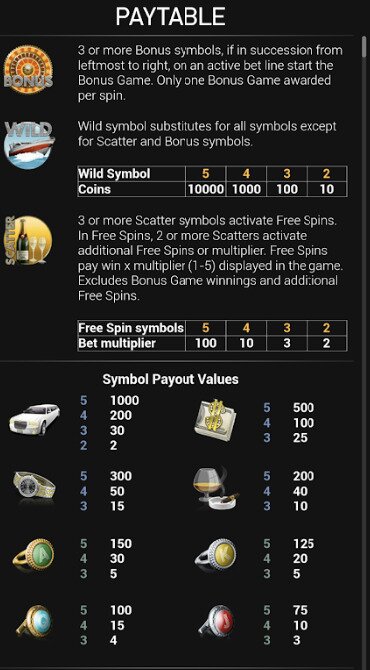 Mega Fortune Paytable Part 1