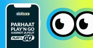 Slotsoon suuret silmät tähyilevät puhelimen ruutua, ruudulla lukee Play'n GO, parhaat Play'n GO kasinot ja pelit. Kuvassa myös sekä Slotsoon että pelinvalmistajan logot.