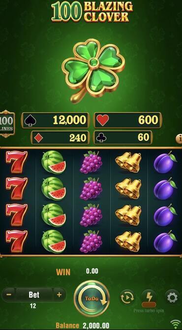A still of the reels from the 100 Blazing Clover slot game showing the 7, watermelon, grape, bell, and plum symbols.