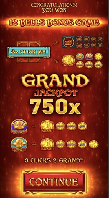 A screen grab confirming entry into the 12 Bells Bonus Game.