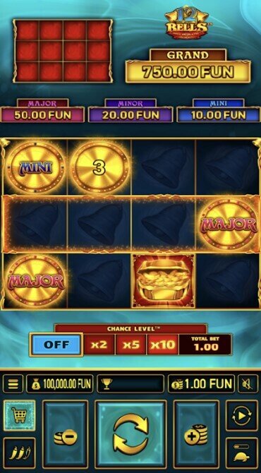 A screen grab of the 12 Bells slot reel grid.