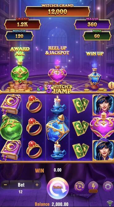 A still from the 3 Witch’s Lamp slot with mystical looking symbols and coin graphics.
