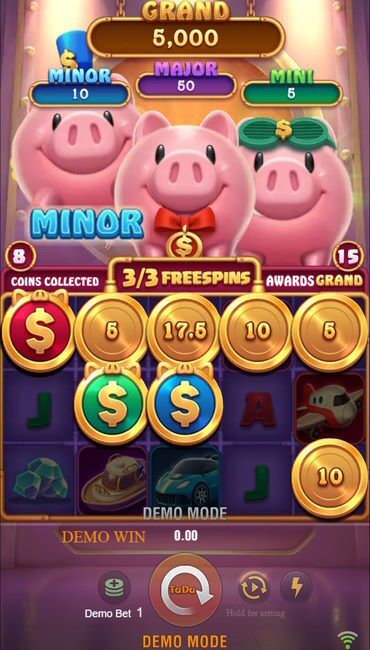 A screenshot of the blue Scatter bonus getting activated. The leftmost pig jumps in place as “Minor” appears in front of them, referring to one of this slot’s jackpots.