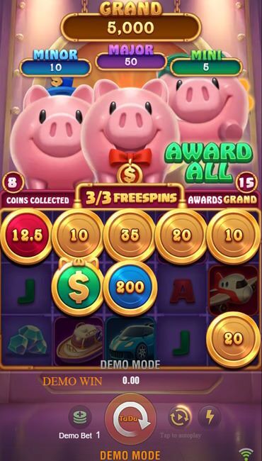 A screenshot of the activated green Scatter bonus. The rightmost pig jumps in place as “Award all” appears in front of them, as it collects the value of other coins and displays them on its own coin.