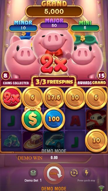 A screenshot of the red Scatter bonus getting activated. The middle pig jumps in place as a red ‘2X’ appears on-screen in front of them, doubling the value of coins that have already landed.