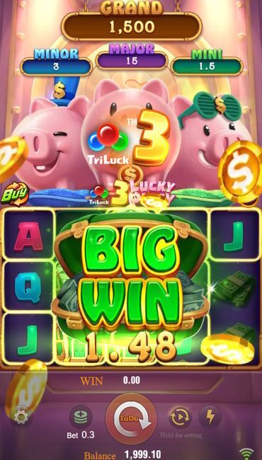 A screenshot of a win in this slot game. It shows the winning symbols highlighted by a golden glow popup with “Big Win” bursting out of a money-stacked suitcase.