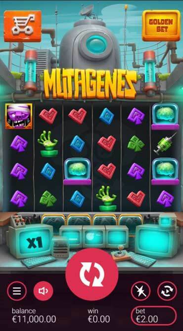A screen grab of the Mutagenes slot game screen