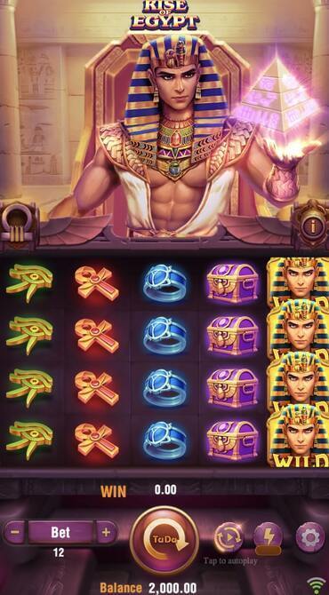 An image from the Rise of Egypt slot showing treasure chest, ring, ankh, and pharaoh symbols.