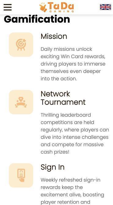 An image of the TaDa Gaming homepage describing the daily mission, tournament, and sign-in rewards players can receive.