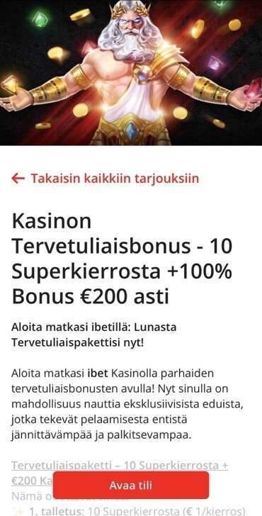 Ibet Casinon tervetulobonus kasinopelaajille