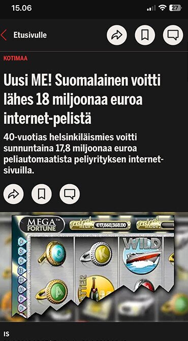 iltasanomat helsinkiläismies voitti 17 miljoonaa jackpot pelistä