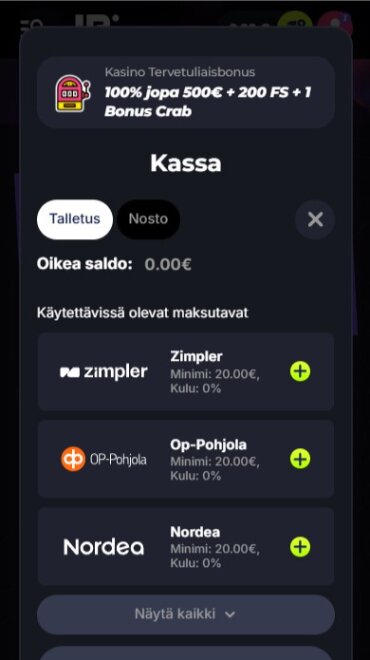 Lunubetin talletussivu