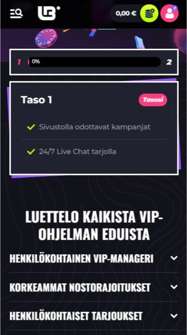 Lunubetin VIP-ohjelman sivu