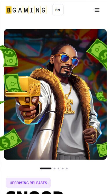 A screenshot of BGaming's official website, showcasing its new Snoop Dogg-themed slot release.