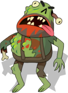 A green zombie character from slot online slot Zombie Road