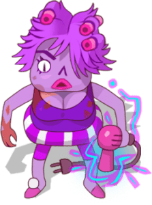 A purple zombie lady character from Peter and Son's game Zombie Road