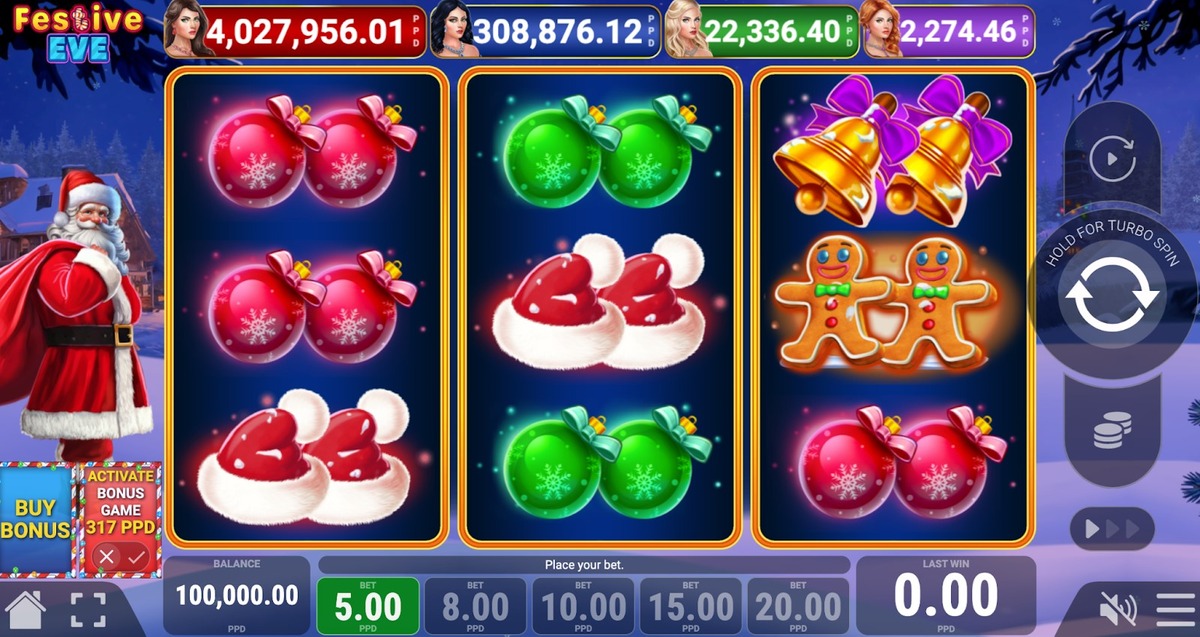 Festive Eve Buy Bonus showing jackpots.