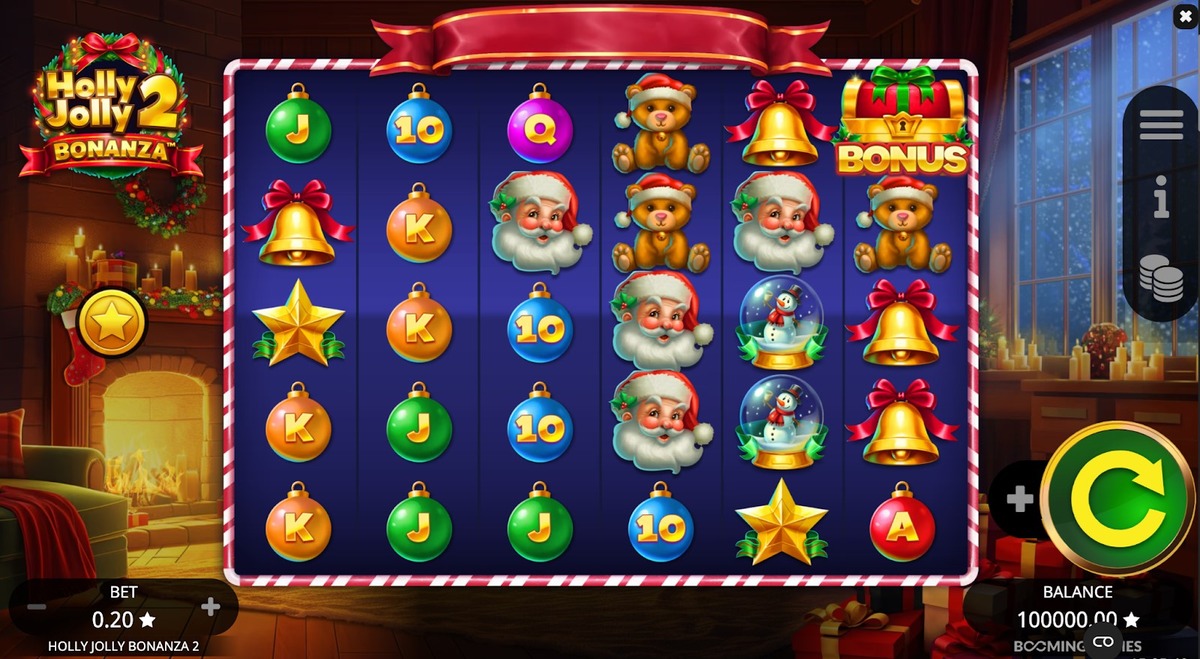 Image of Holly Jolly Bonanza 2's grid and fireplace background.