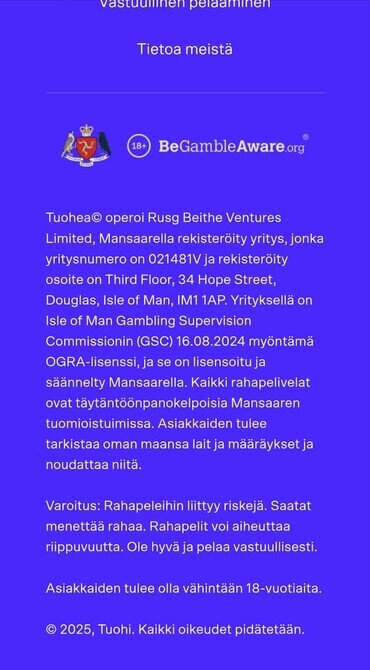 Näkymä kasinon tiedoista, kuten osoite ja lisenssitiedot