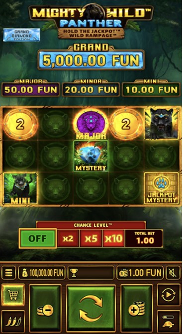 A screen grab of how a base game spin appears on the Mighty Wild: Panther Grand Diamond Edition slot.