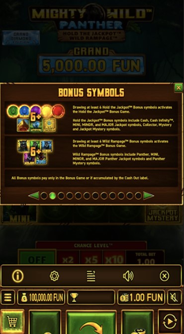 A screen grab of the explaining how the bonus symbols work in Mighty Wild: Panther Grand Diamond Edition slot.