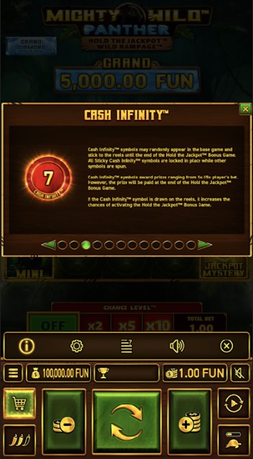 A screen grab explaining how the Cash Infinity feature works in Mighty Wild: Panther Grand Diamond Edition slot.