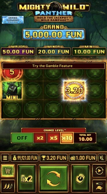 A screen grab showing a Cash Out win in the Mighty Wild: Panther Grand Diamond Edition slot.
