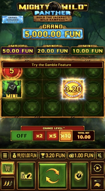 A screen grab showing a Cash Out win in the Mighty Wild: Panther Grand Diamond Edition slot.