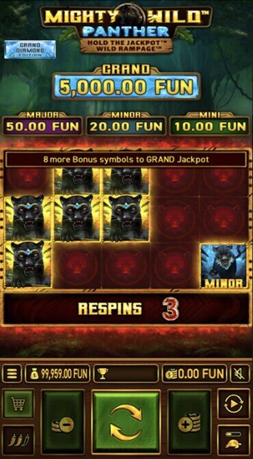 A screen grab showcasing the Wild Rampage bonus game in Mighty Wild: Panther Grand Diamond Edition.