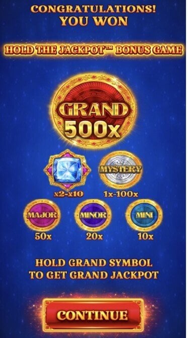 A screen grab of the entering the Hold the Jackpot bonus game.