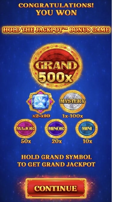 A screen grab of the entering the Hold the Jackpot bonus game.