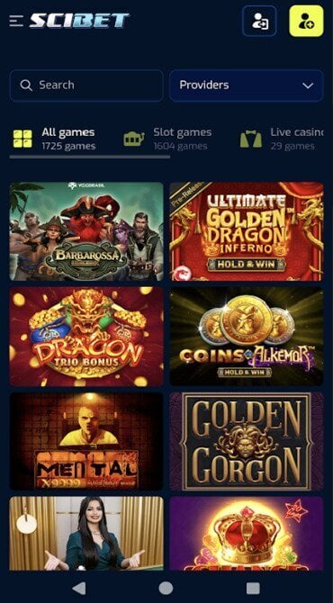 A screen grab of the Scibet Casino homepage.