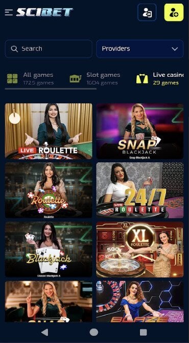 A screen grab showing Scibet's live dealer casino library.