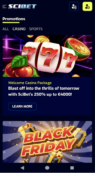 A screen grab of the Scibet Casino promotions.