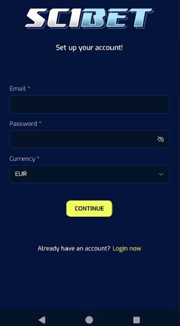 A screen grab showing Scibet Casino's initial sign-up form.