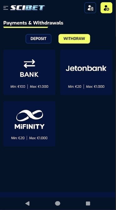 A screen grab showing Scibet Casino's supported withdrawal methods.