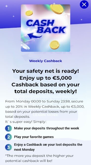 A screenshot explaining the Cashback Bonus for existing Taika Spins players