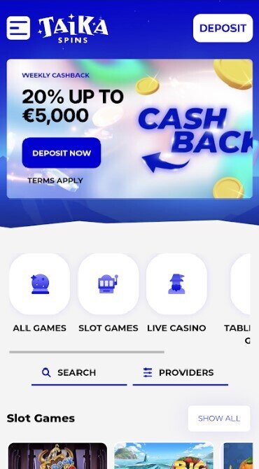 A screenshot of the Taika Spins homepage