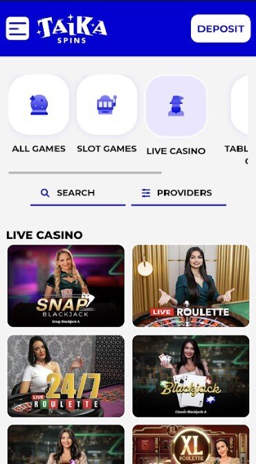 A screenshot showing the current Taika Spins live dealer game library