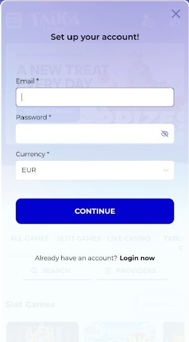 A screenshot showing the first step of the Taika Spins sign-up form