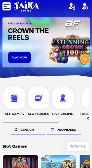 A screenshot showing the button to press to register a new Taika Spins account