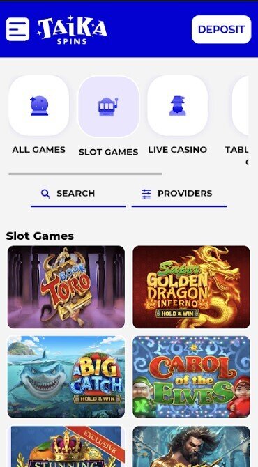 A screenshot showing the current Taika Spins slot game library