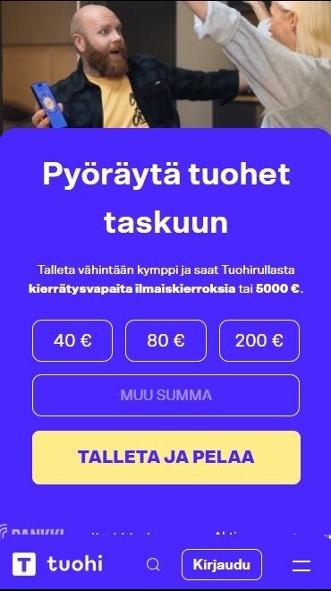 Tuohi Kasinon etusivu, jossa näkyy tervetulobonus ja talletusvaihtoehto