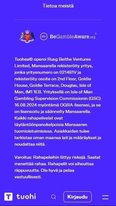 Näkymä kasinon tiedoista, kuten osoite ja lisenssitiedot