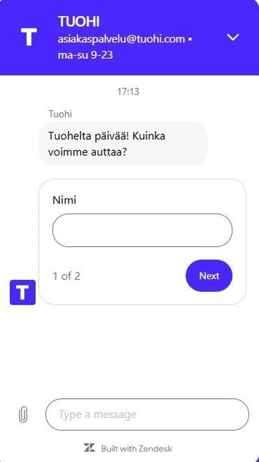 Näkymä Tuohi Kasinon asiakaspalvelu-chatista.