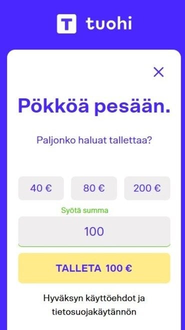 Talletussivu, jossa pelaaja voi valita talletussumman