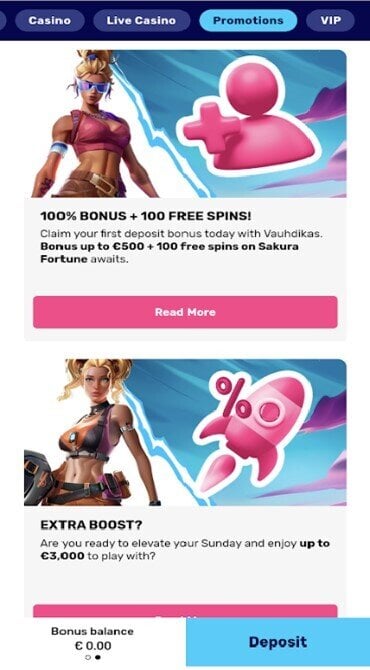 A screengrab of the Vauhdikas Casino bonus offers