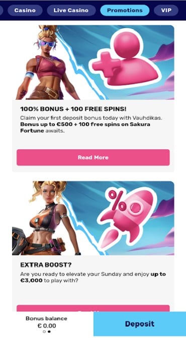 A screengrab of the Vauhdikas Casino bonus offers